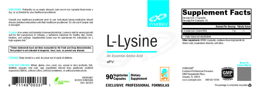 XYMOGEN L-Lysine 90 capsules