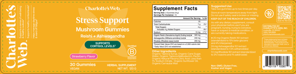 Charlotte's Web Reishi+Ashwagandha Stress Support Gummy, Strawberry Flavor 60 gummies