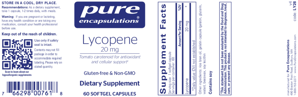 Pure Encapsulations Lycopene 20mg 60 softgel capsules