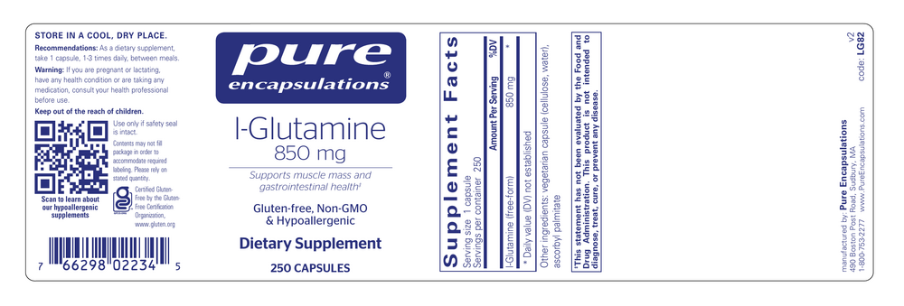Pure Encapsulations l-Glutamine 850mg 250 capsules