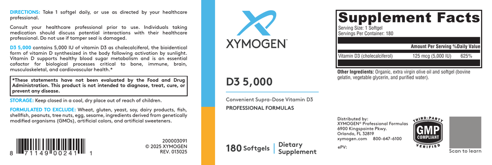 XYMOGEN D3 5000 180 capsules