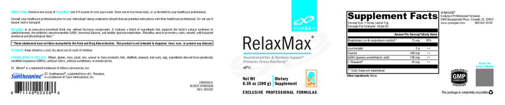 XYMOGEN RelaxMax Unflavored (myo-Inositol) 180 Grams