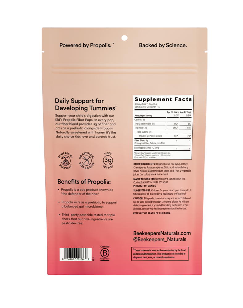 Beekeeper's Naturals Kid's Fiber Lollipops, Sweet Cherry and Raspberry Blast 15 count