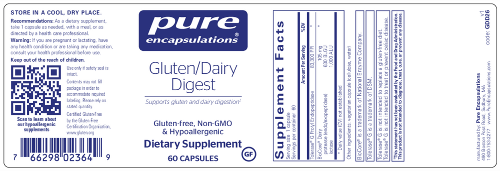 Pure Encapsulations Gluten/Dairy Digest 60 capsules