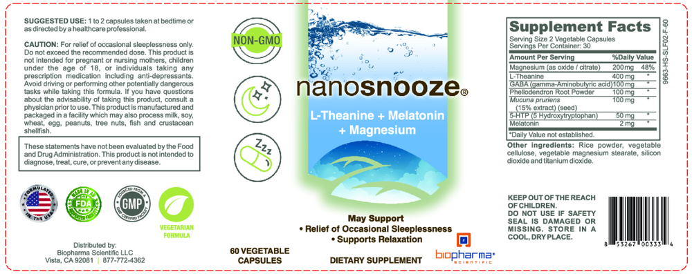 BioPharma Scientific Nanosnooze - Melatonin + Magnesium + L-Theanine 60 capsules
