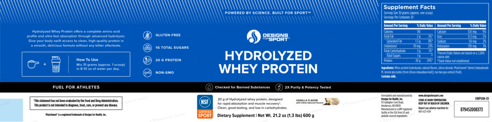 Designs For Sport Hydrolyzed Whey Protein Powder, Vanilla 600g