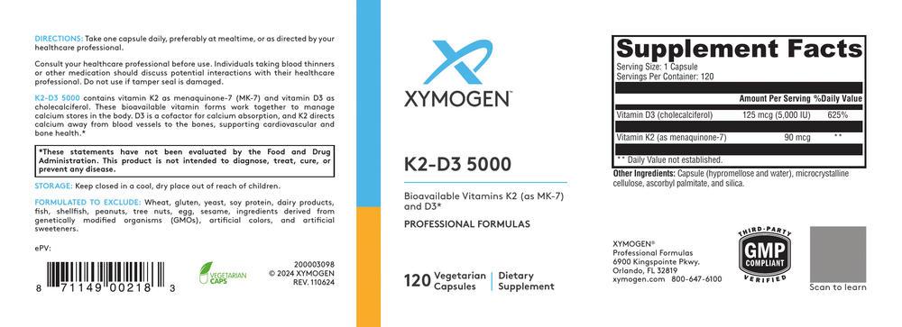 XYMOGEN K2-D3 5000 (Vitamin D3) 120 capsules