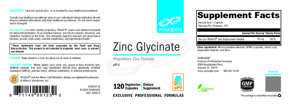 XYMOGEN Zinc Glycinate 120 capsules