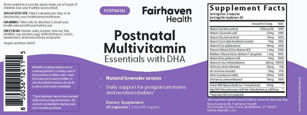 Fairhaven Health Postnatal Multivitamin Essentials plus DHA 60 capsules
