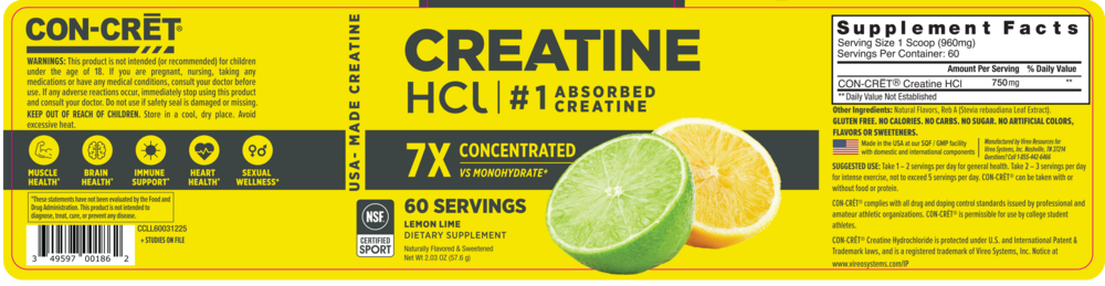 CON-CRET Creatine HCl Powder, 750mg, Lemon Lime 57.6g