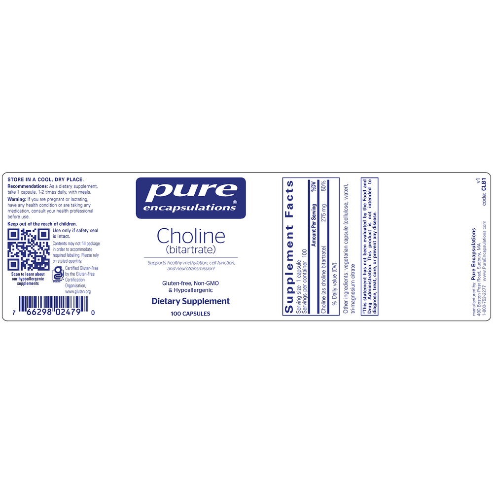 Pure Encapsulations Choline (bitartrate) 100 capsules