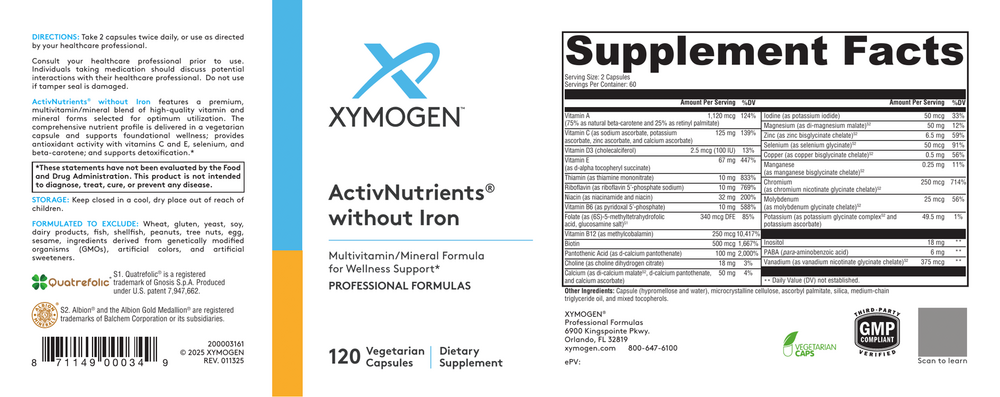 XYMOGEN ActivNutrients Without Iron (Multivitamin) 120 capsules
