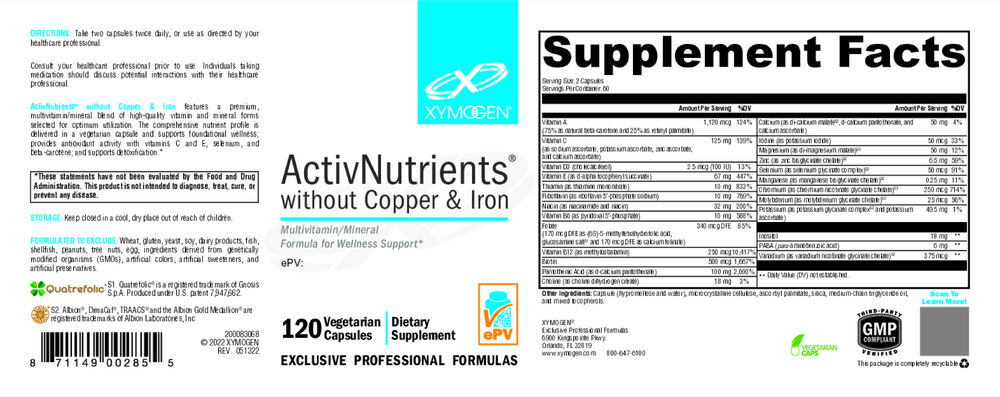 XYMOGEN ActivNutrients Without Copper & Iron (Multivitamin) 120 capsules