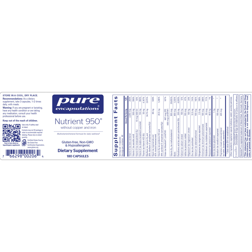 Pure Encapsulations Nutrient 950® without Copper & Iron 180 capsules
