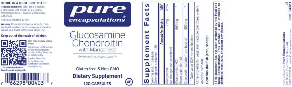 Pure Encapsulations Glucosamine Chondroitin W/ Manganese 120 capsules