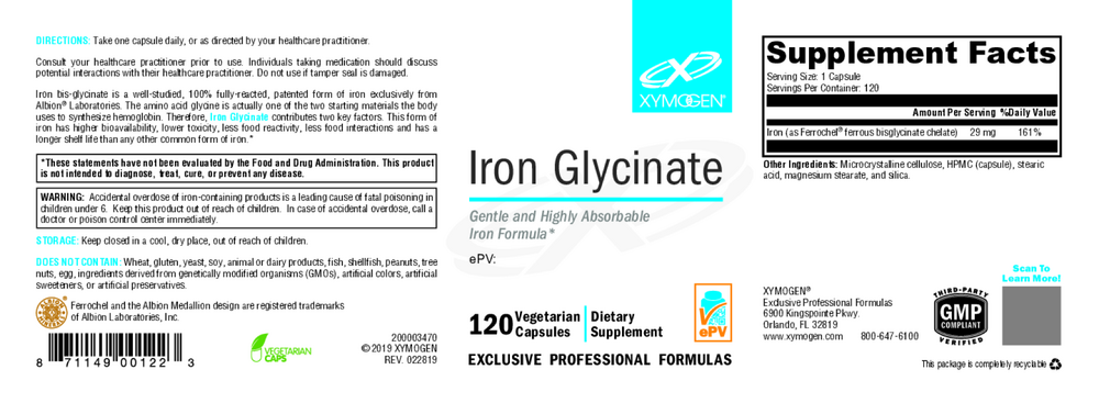 XYMOGEN Iron Glycinate 120 capsules