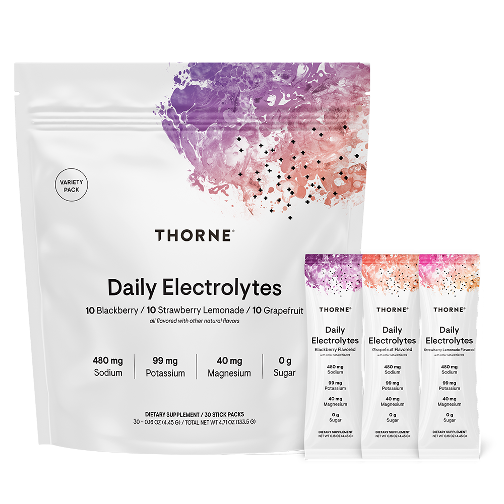 Thorne Daily Electrolytes Variety Pack, Blackberry, Strawberry Lemonade, Grapefruit 30 packets