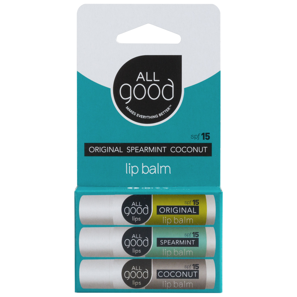 All Good 3 Pack Lip Balm, SPF 15, Original, Spearmint, Coconut Flavors 3 CT