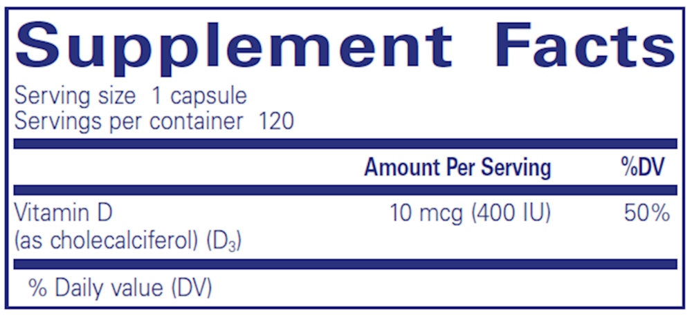 Pure Encapsulations Vitamin D3 10mcg (400IU) 120 capsules