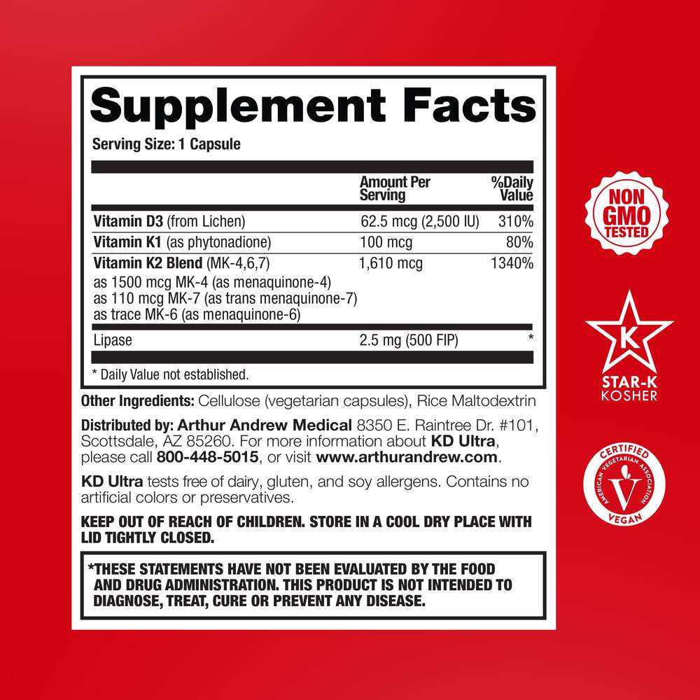 Arthur Andrew Medical KD Ultra, Full Spectrum K2 and Vegan D3 30 capsules