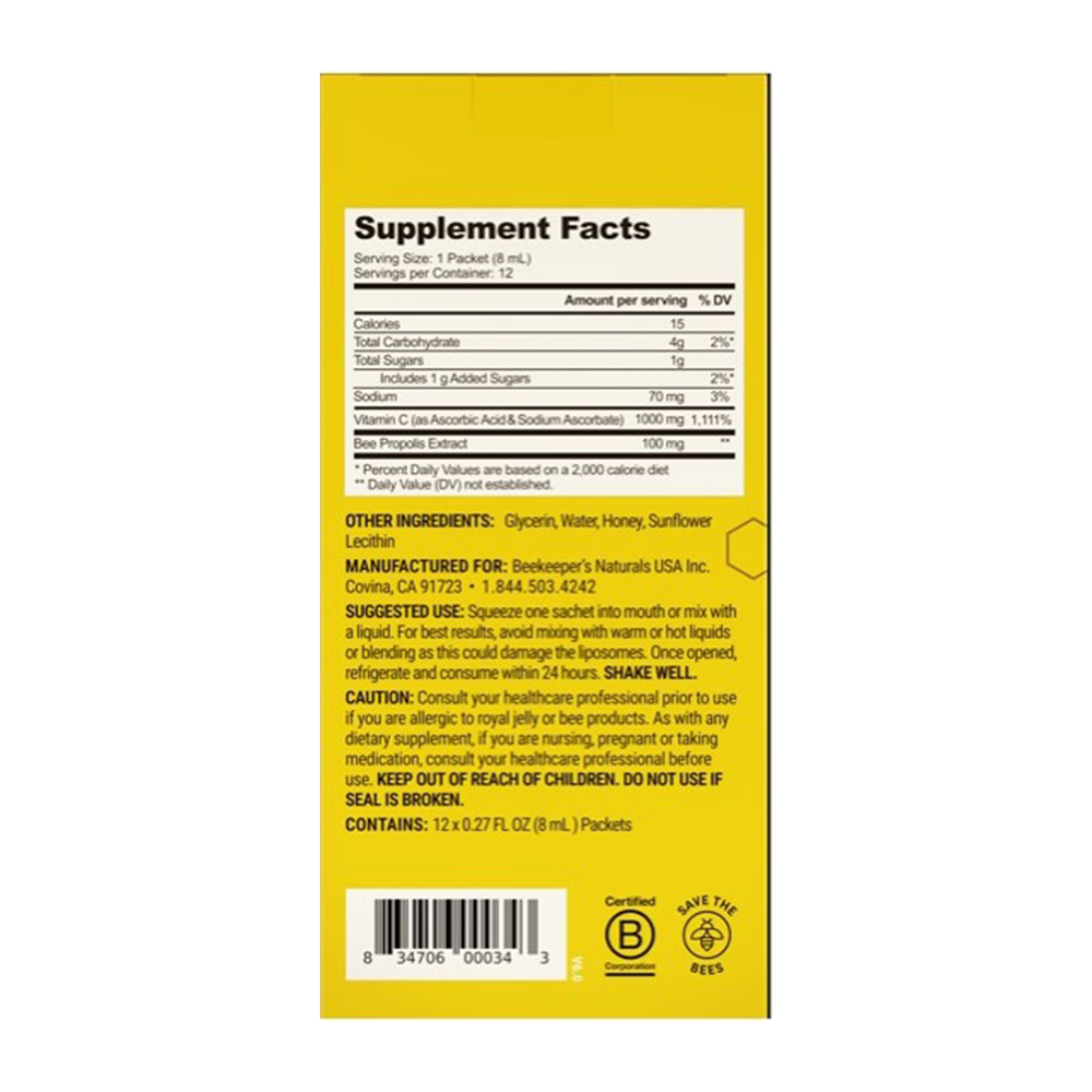 Beekeeper's Naturals Liposomal Propolis + Vitamin C 12 Packets