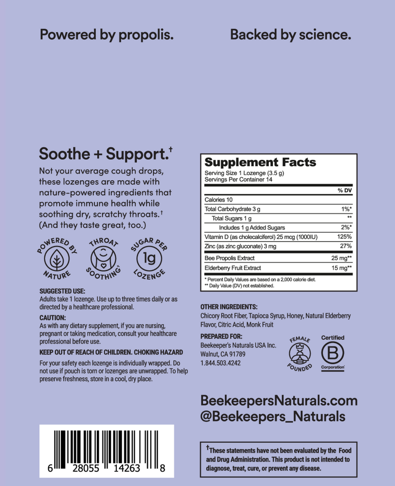 Beekeeper's Naturals B. Soothed Elderberry Lozenges 14 Lozenges