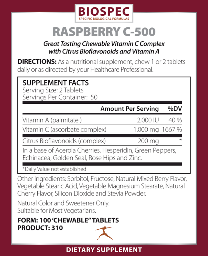 Biospec Nutritionals Raspberry C-500 100 Chewables