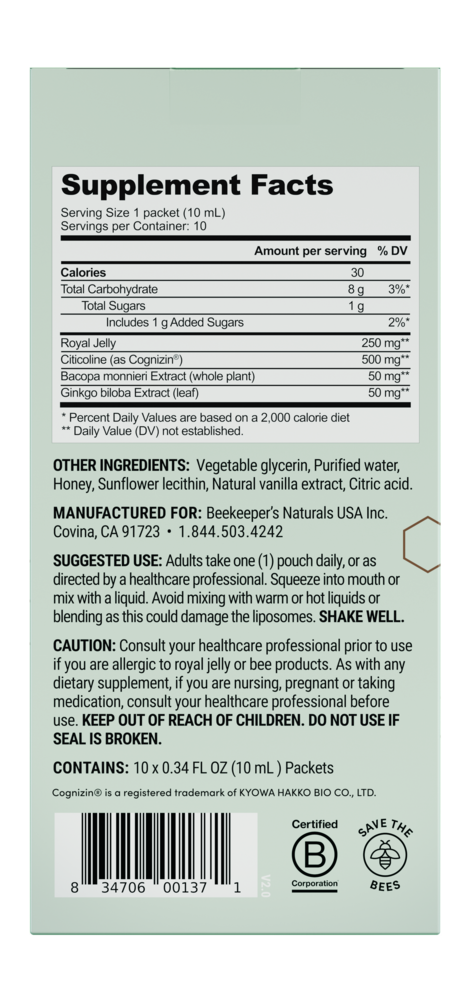 Beekeeper's Naturals Brain Health Liposomal 10 sachets