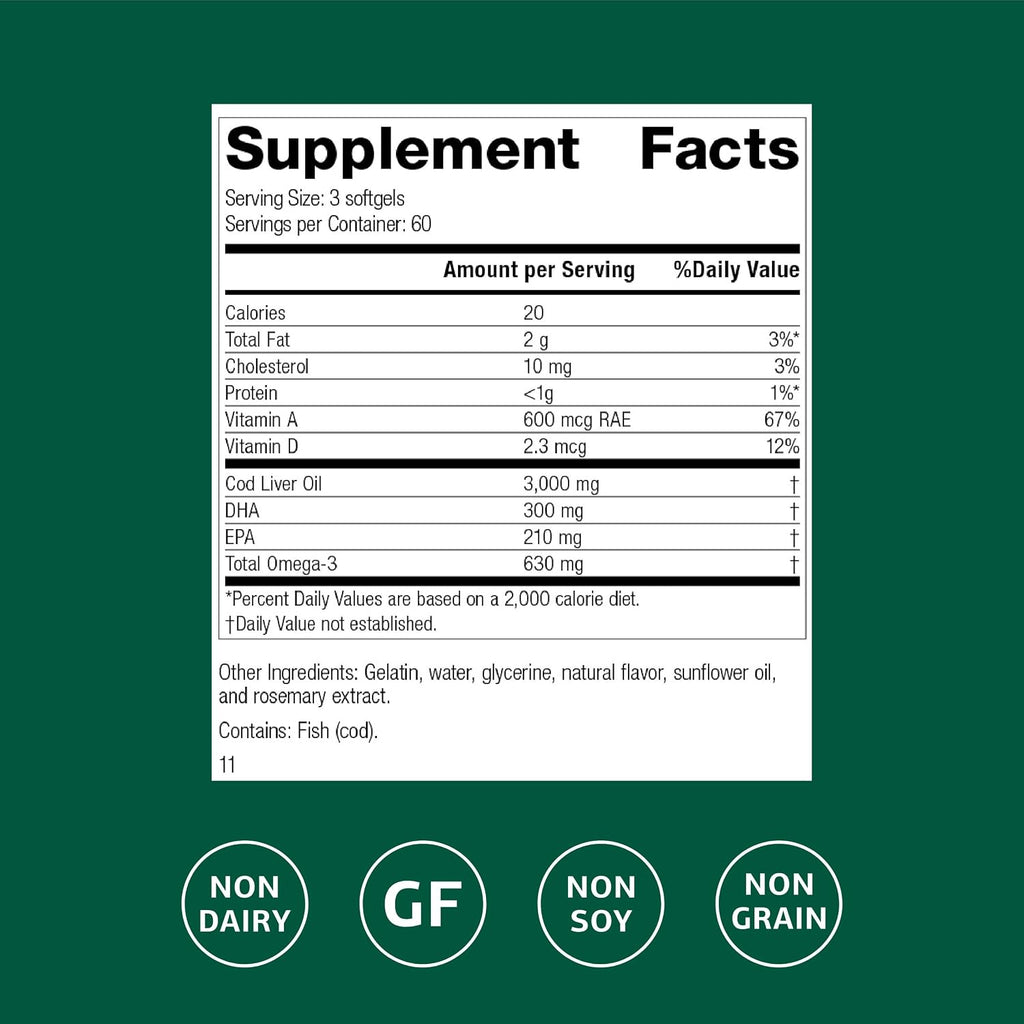 Standard Process Cod Liver Oil, Eye & Bone Health Support, 180 Softgels