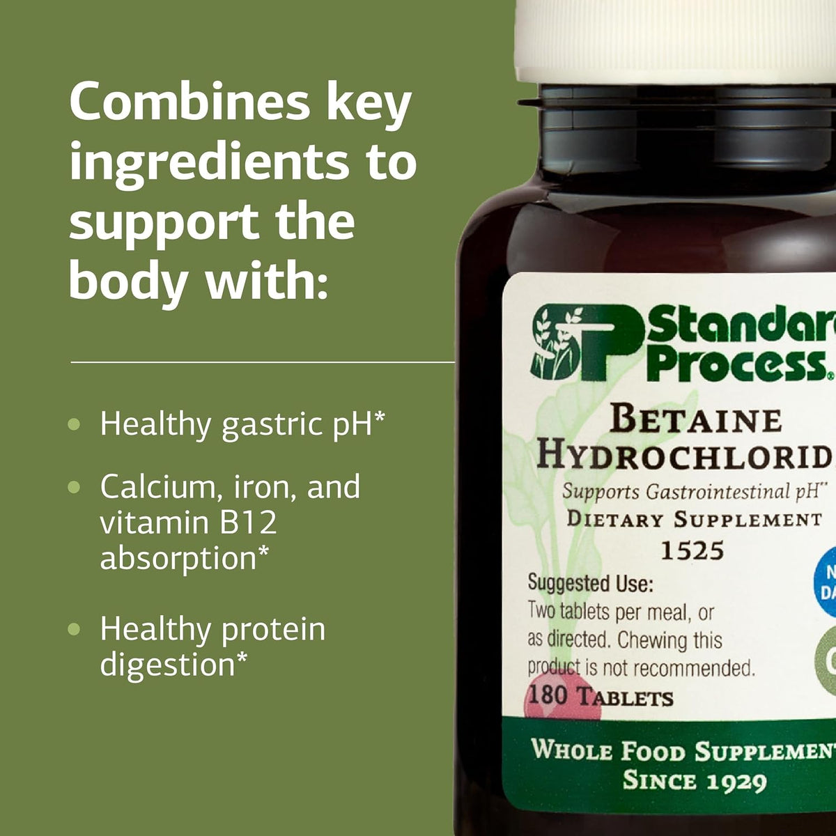 Standard Process Betaine Hydrochloride GI pH Support, 180 Tablets