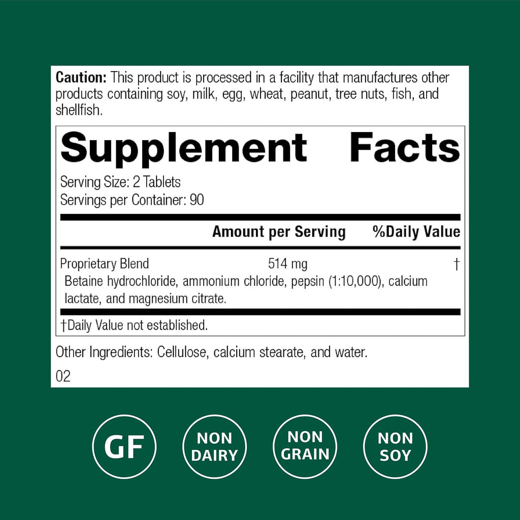 Standard Process Betaine Hydrochloride GI pH Support, 180 Tablets