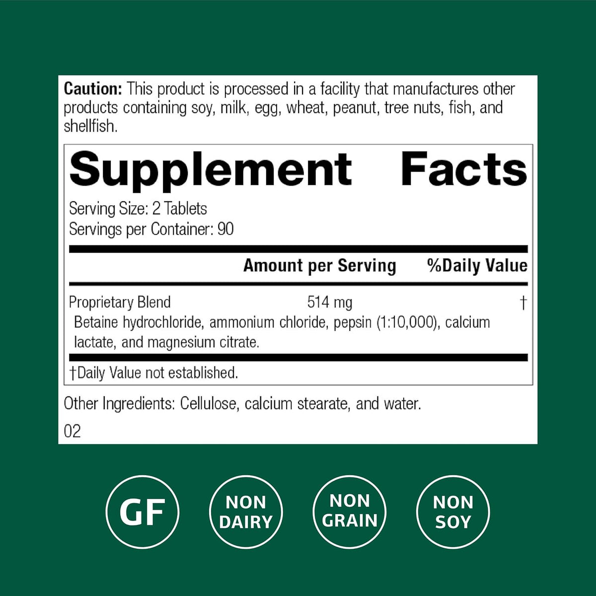 Standard Process Betaine Hydrochloride GI pH Support, 180 Tablets