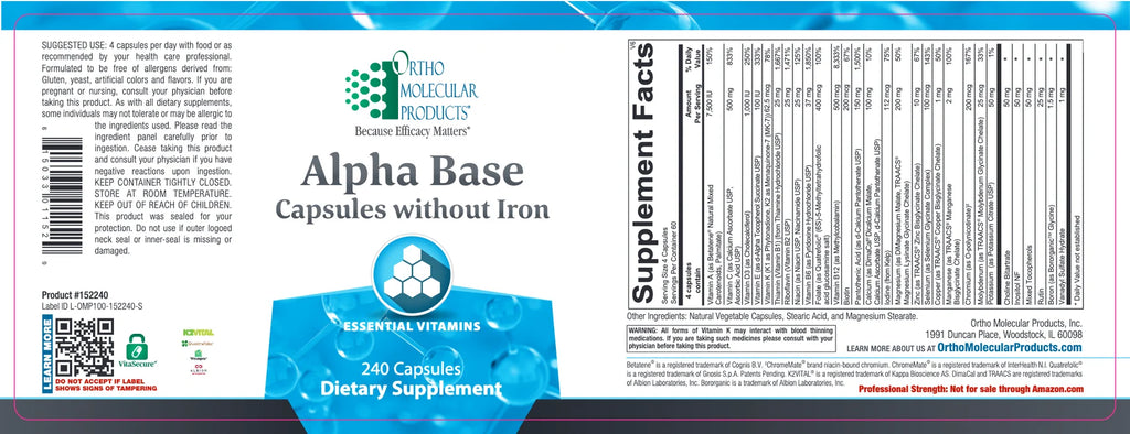 Ortho Molecular Products Alpha Base Without Iron — 240 Capsules