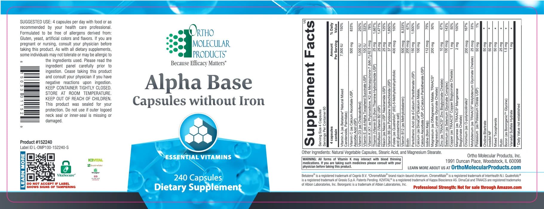 Ortho Molecular Products Alpha Base Without Iron — 240 Capsules